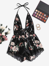 Floral Print Knot Front Eyelash Lace Trim Satin Teddy Bodysuit